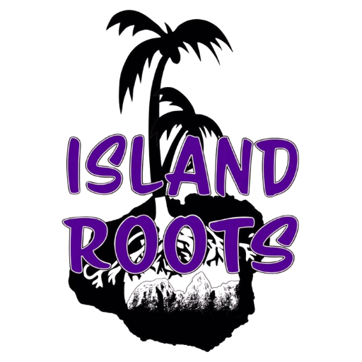 company logo with roots and palm trees in purple and black